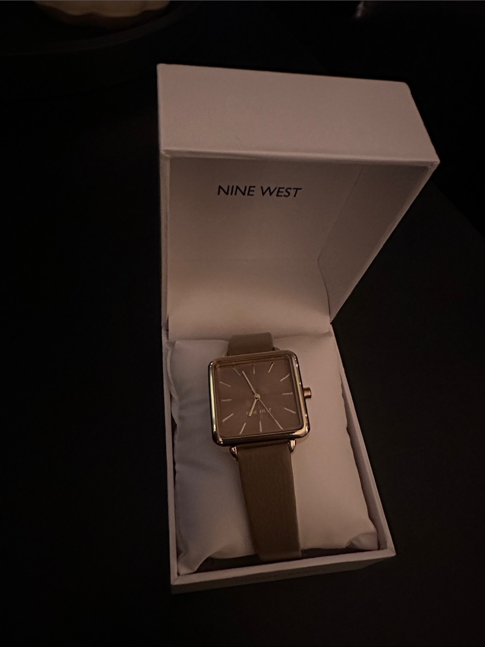 Nine West Taupe Leather Strap Square Dial Watch with Gold-Tone & Case